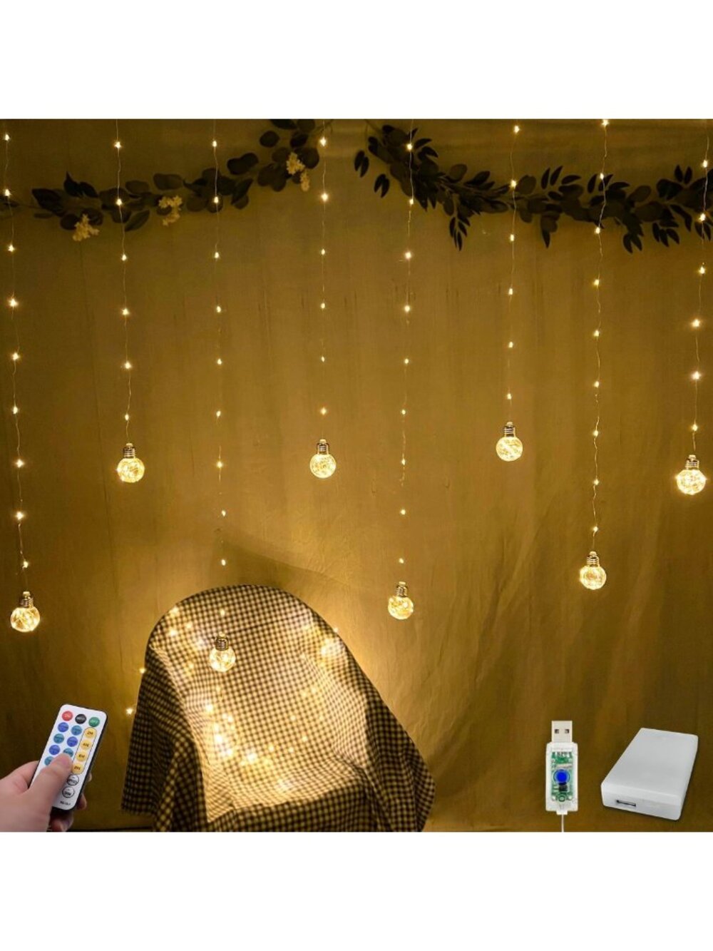 200 LED Curtain String Lights with Remote - USB Battery Fairy Lights for Decor